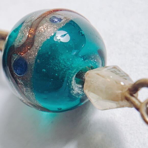 VTG Glass Lampwork Brass Earrings Green Boho Artisan Drop Dangle Ornate Earthy - Picture 16 of 16